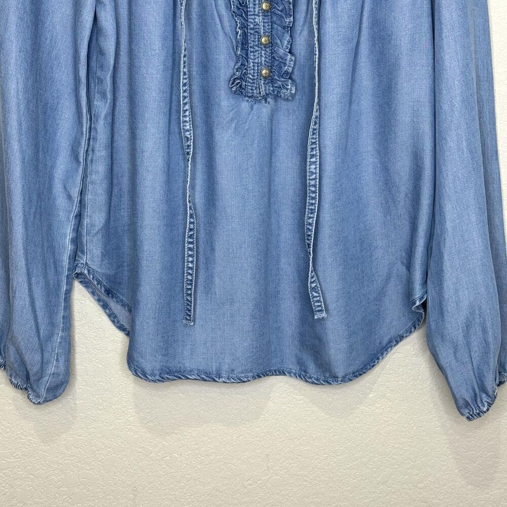 Maeve Anthropologie Shirt Womens XS Blue Ruffle Henley Peasant Tencel Boho Top - Picture 6 of 7